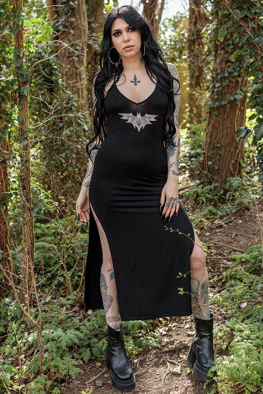 Alternative Bat Graphic Print Fitted Maxi Dress With Split
