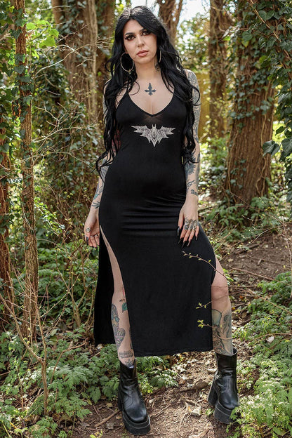 Alternative Bat Graphic Print Fitted Maxi Dress With Split